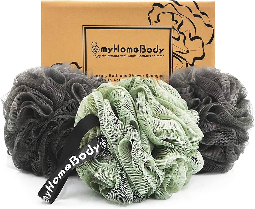 myHomeBody 70g Loofah Sponge 3 Pack Graphite Gray Sage Green Exfoliating Bath
