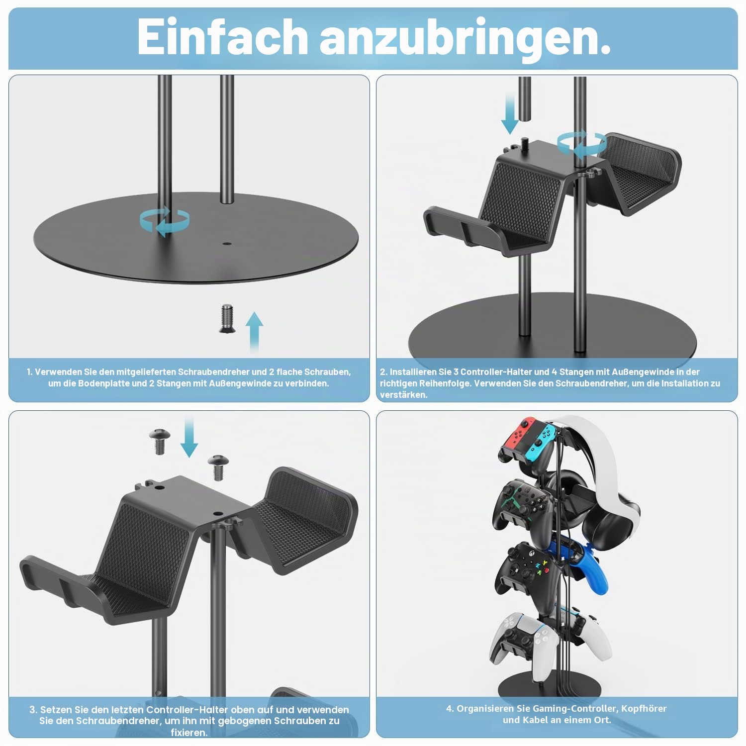 Gaming Deko Controller Halterung, 4-Stufen Controller Halter & Kopfhörer Halterung Tisch mit Kabel Gaming Organizer, Kopfhörer Halter für Universaler Controller/Headset, Gaming Zubehör Zimmer Deko 4