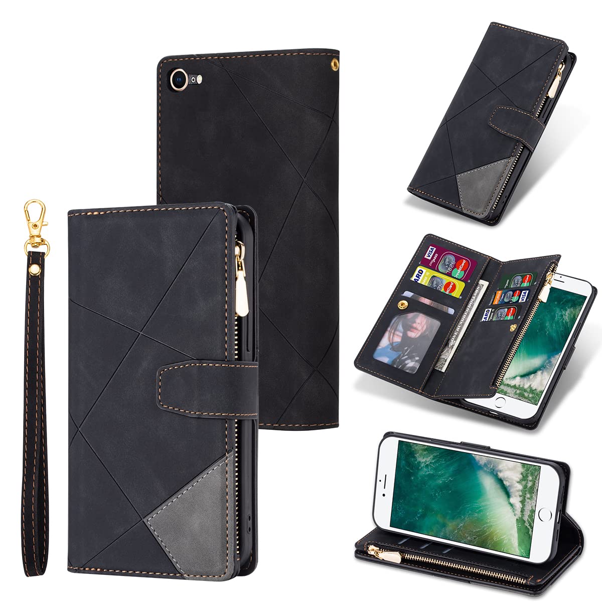 UEEBAI Wallet Case for iPhone 7/8/SE 2022 5G/SE 2020, Premium PU Leather Flip Case Card Slots Magnetic Zipper Pocket Kickstand Handbag Hand Strap Cover for SE3/SE2 - Splice Black