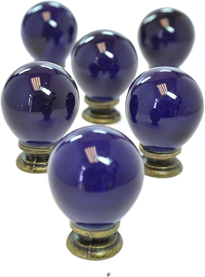 Set 6 Glass Brass Drawer Pulls Indigo Blue Round Hardware