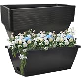 QPEY Window Box Planter, 10PC 17In Black Plastic Flower Box for Outdoor | with Tray Rectangular Planters for Indoor Plants Garden Home Decor