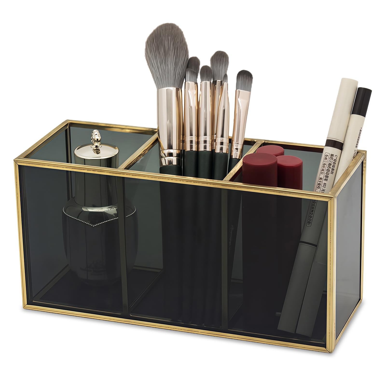 HARLIANGXY Makeup Brush Holder Glass, 3 Compartments Cosmetic Organiser for Brushes, Eyeliner, Mascara, Pen, Lipstick and More - Makeup Storage for Bathroom Bedroom Washbasin Vanity