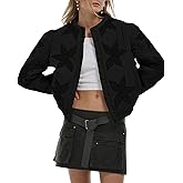 Gacaky Women's Lightweight Floral Embroidered Cropped Quilted Jacket Winter Warm Button Down Puffer Jacket Coat with Pockets Meteorite Black M