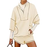 Gozoloma Women's Summer 2 Piece Outfits Contrast Stitching Matching Set- Half-Zip Short Sleeves Top & Shorts with Pockets