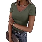 ANRABESS Women Short Sleeve V Neck Ribbed Knit Fitted Shirts Basic Tees Tops 2026 Summer Casual T-Shirts Going Out Outfits