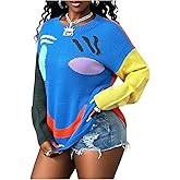OYOANGLE Women's Fashion Color Block Loose Drop Shoulder Sweater Crew Neck Long Sleeves Pullover Sweater