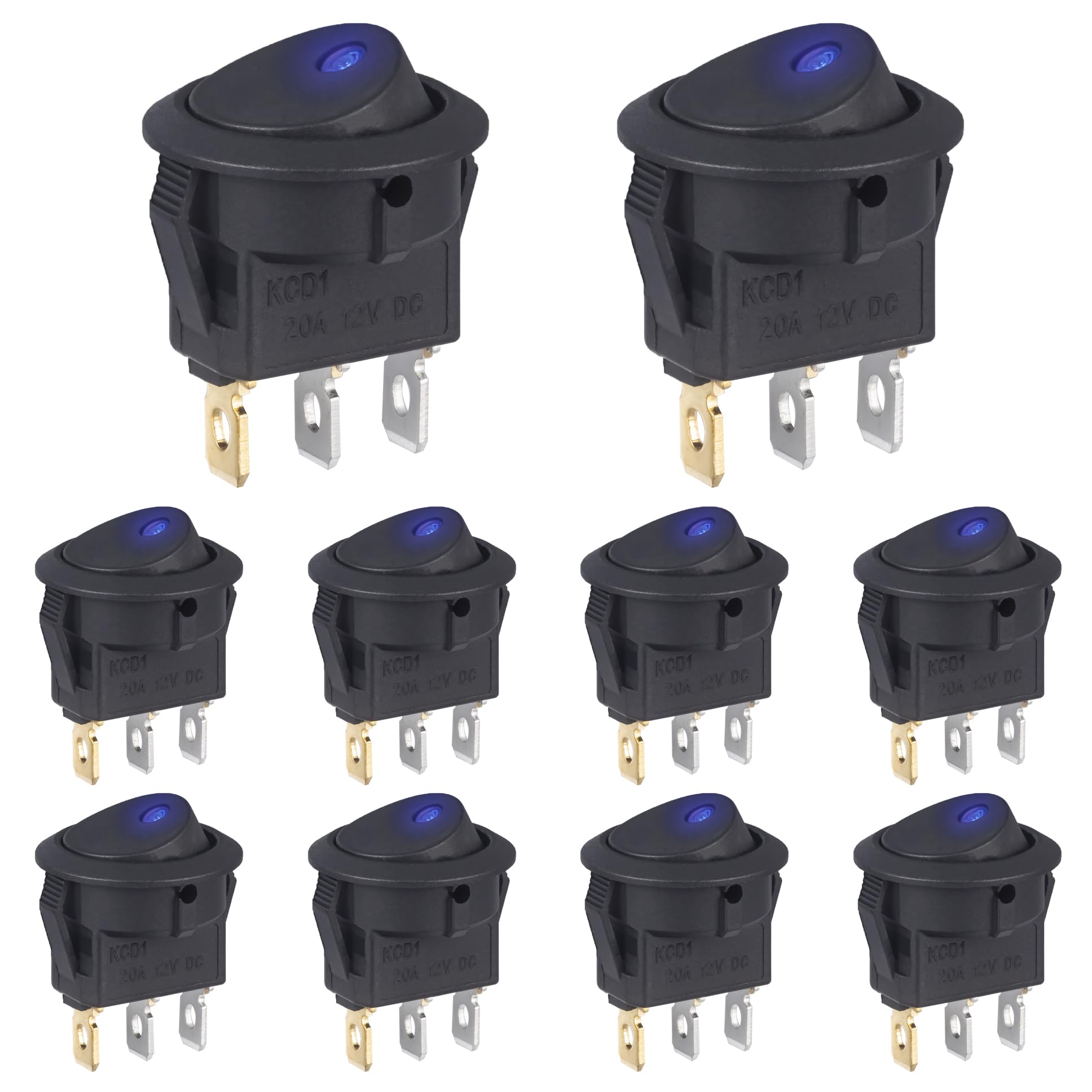 VEXUNGA Rocker Switch 12 V DC 20 A Switch Rocker Switch 3-Pin Illuminated Round On/Off with LED Blue Light 12 Volt 2 Position Car Built-in Switch Self-Locking Square Round for Car Boat (Pack of 10)