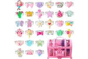 EleMirsa 30pcs Little Girl Jewel Rings Adjustable Costume Princess Pretend Play and Dress Up Rings for Girl Toddlers Kids Children's Jewelry Set Toy Treasure Box Birthday Gifts for Girls
