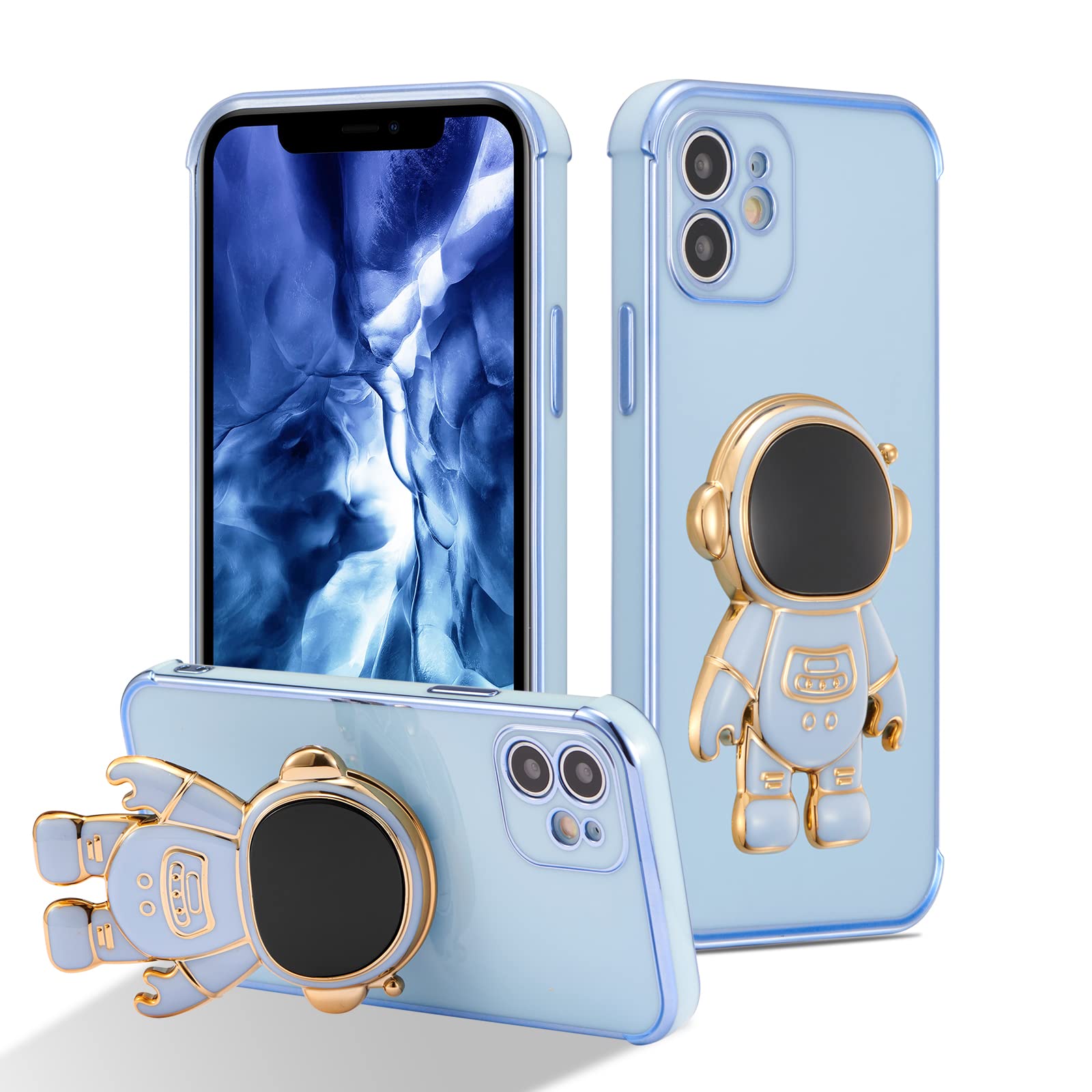 RALEAVO Compatible with iPhone 12 (6.1") Case with Cute Astronaut Kickstand Design Shockproof Plating Phone Case for iPhone 12-Blue — image 1