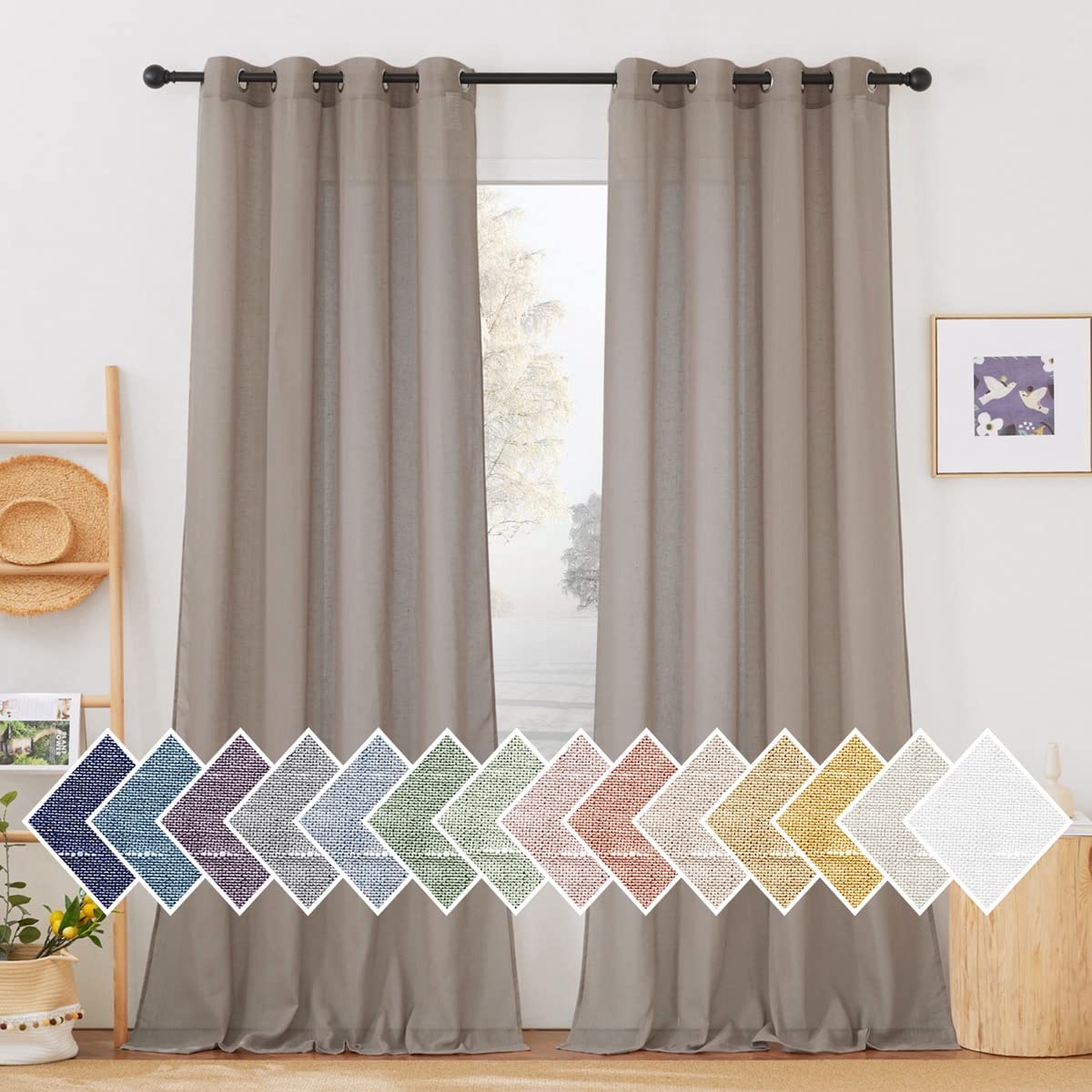 Photo 1 of NICETOWN Linen Sheer Curtains 96 inches Long, (Burlap) Grommet Semi Sheer Flax Textued Vertical Drapes Privacy with Light Filtering for Living Room/Farm House, W52 x L96, 1 Pair
