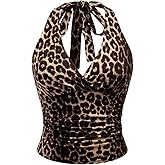WDIRARA Women's Leopard Print Ruched Halter Crop Tops V Neck Tie Back Sleeveless Slim Fit Cami Tops
