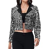 Anna-Kaci Women's Sparkly Crop Sequin Blazer Jacket Long Sleeve Party Club Cardigan Out, Black and Silver, Large