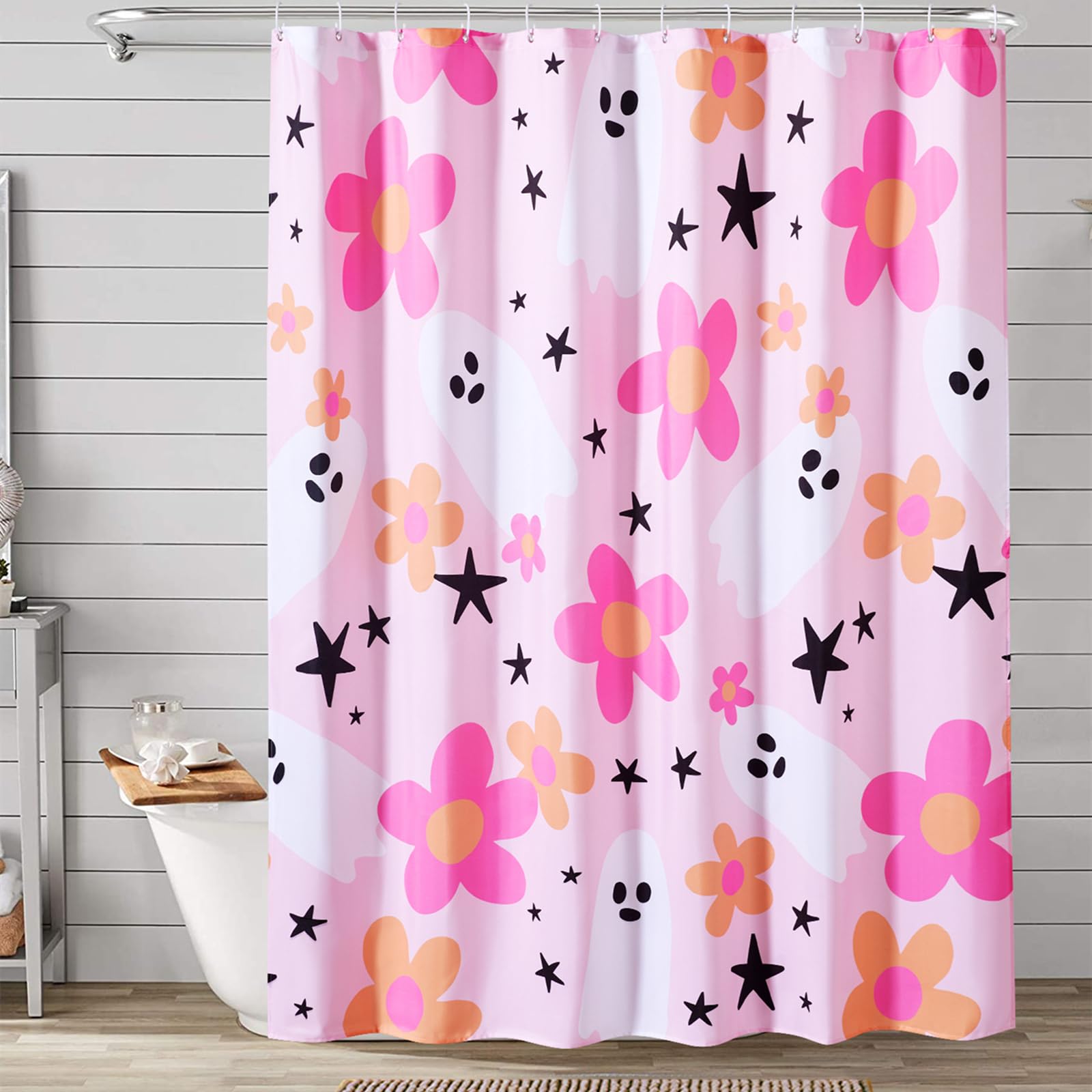 Ouyattle Cute Pink Halloween Shower Curtain for Bathroom Aesthetic Halloween Decorations, Funky ...
