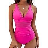 BMJL Women's Tummy Control Swimsuits Mesh Sexy One Piece Bathing Suits Slimming V Neck Swimwear