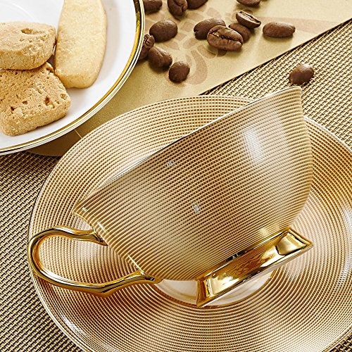Panbado 3Pcs Bone China Tea Cup and Saucer Set with Spoon, 200 ml/6.8 oz, Golden Grid - Thumbnail 7