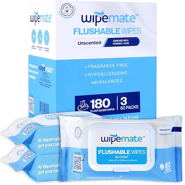 WIPEMATE ULTRA FLUSHABLE BUTT WIPES, SOOTHING VITAMIN E & ALOE, 99% WATER, UNSCENTED PREMIUM SUPER SOFT HYGIENE WIPES, SEPTIC & SEWER SAFE, 3 PREMIUM FLIP-TOP PACKS, 60 WIPES PER PACK (180) COUNT