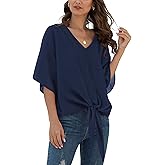 VIISHOW Womens Tie Front Chiffon Blouses V Neck Batwing Short Sleeve Summer Tops Shirts