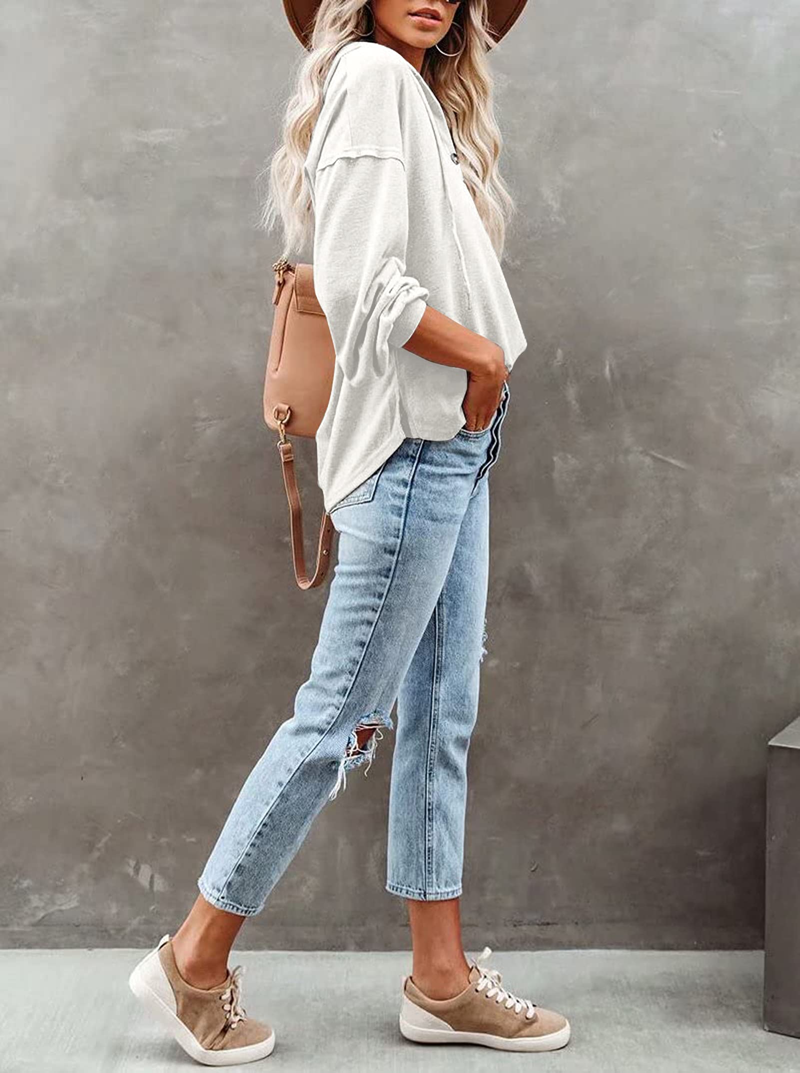 PLOKNRD Kapuzenpullover Damen Langarm Knöpfen Pullover mit Kordelzug Freizeit V-Ausschnitt Hooded Henley Sweatshirt Klassisch(Cremeweiß, L)