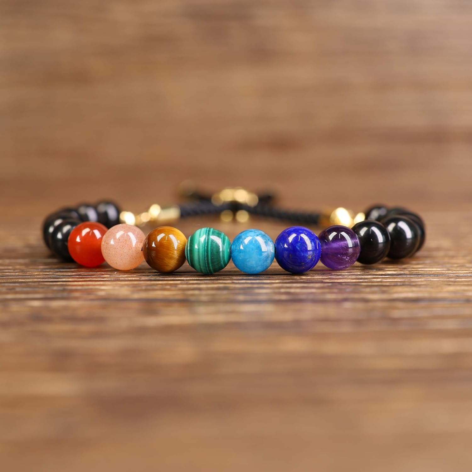 COAI Mala Beads Black Obsidian Stone 7 Chakra Bracelet for Women, 9.5 inches - Image 3