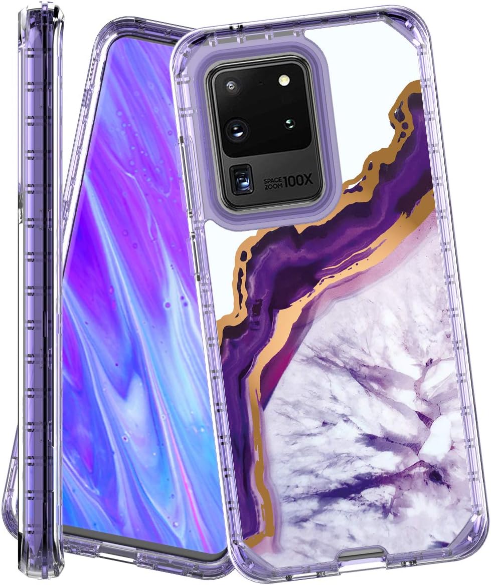 Galaxy S20 Ultra Case,3IN1 IN4U Full Body Military Grade Shockproof Marble Design 360 Protective Cover for Samsung Galaxy S20 Ultra (Purple Crystal Agate)
