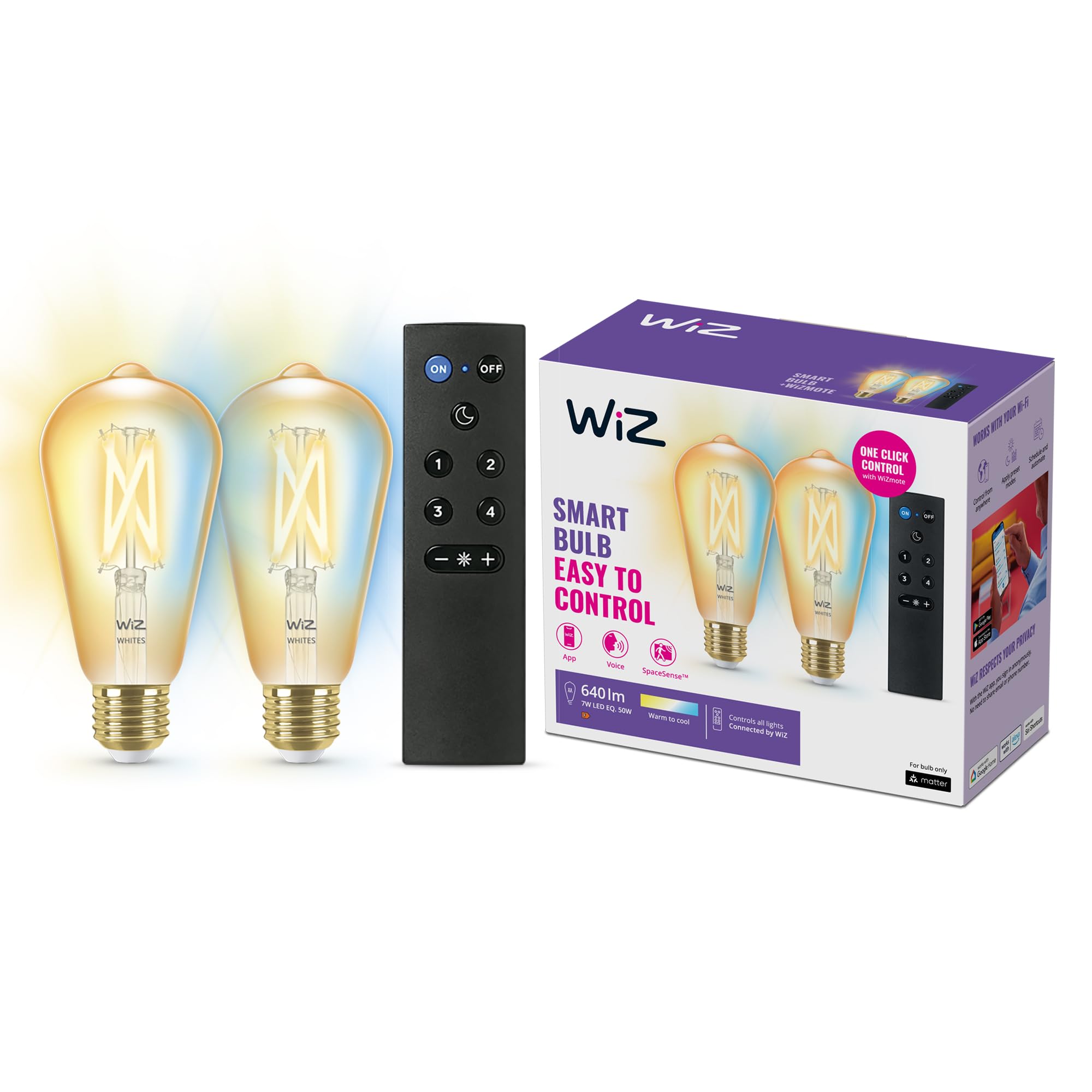 WiZ Smart Bulb, Dimmable White [E27 Edison Screw], Smart LED WiFi Works with Alexa + WizMote. App Control for Livingroom and Bedroom, Amber Light Bulb 2 Pack, Halloween & Christmas