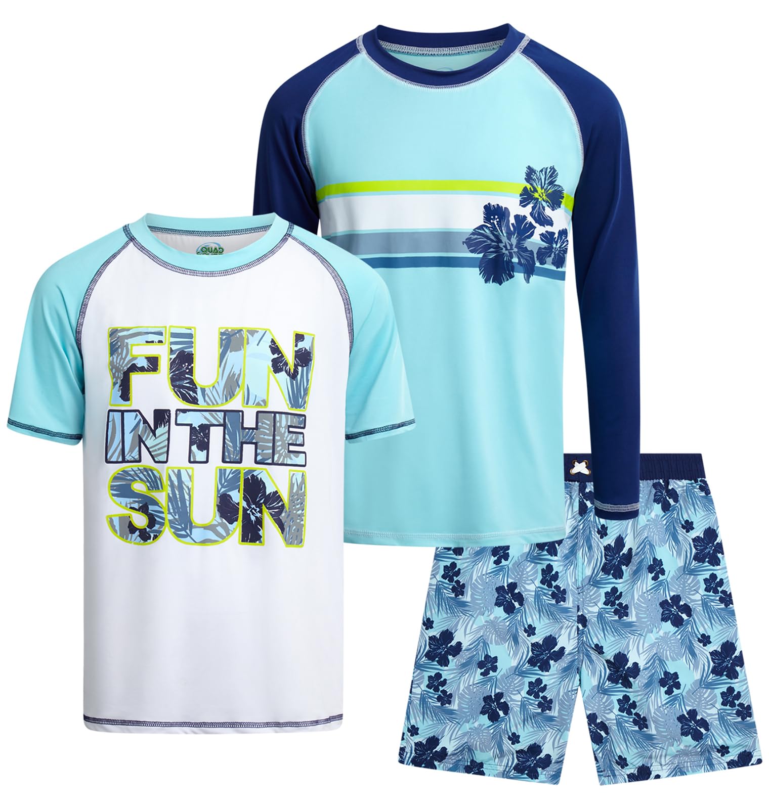 Photo 1 of ***a piece missing*** Quad Seven Boys Swim Set - 3 Piece Swim Trunks Short Sleeve & Long Sleeve Rash Guard for Boys Kids Swimwear (Sizes: 5-12), Size 5-6, Blue Hibiscus