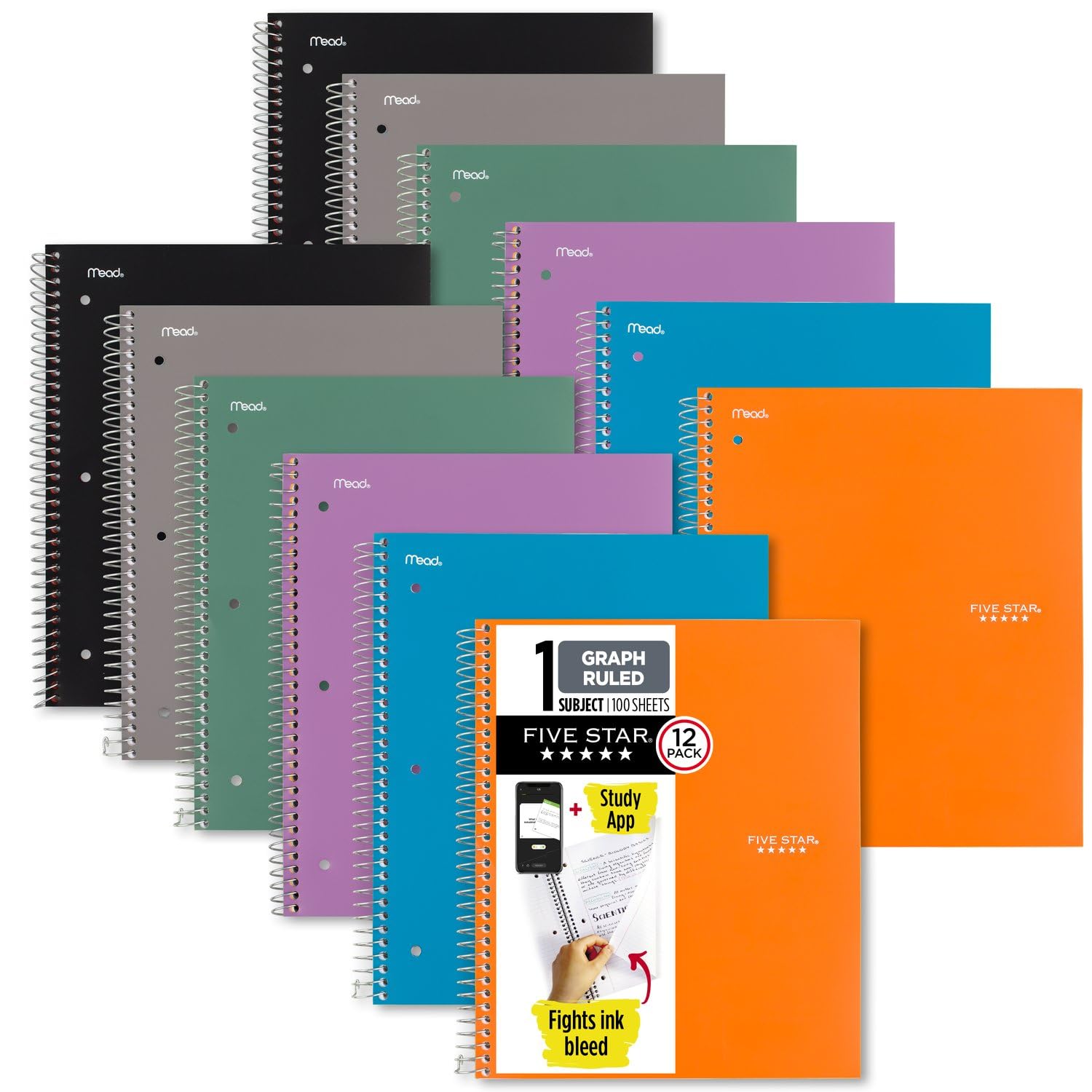 Five Star Spiral Notebooks, 12 Pack, 1 Theme, Squared Lined Paper, 27.9 x 21.6 cm, 100 Sheets, Assorted Colours Vary (38630)