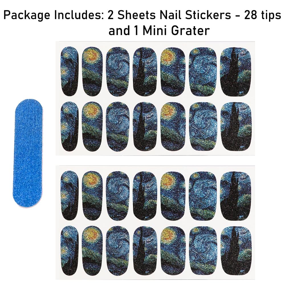 3D Van Gogh's Starry Night Fullnail Stickers, Full Nail Starry Sky Art Gel Nail Polish Sticker Decals, Shimmery Glittery, Long Lasting, Easy to Apply & Remove - 2 Sheets(28 Nail Wraps) and 1 File - Image 7