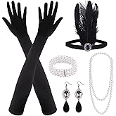 FEPITO 8-Piece 1920s Flapper Great Gatsby Accessories Set - Fashion Roaring 20's Theme with Headband, Headpiece, Long Black Gloves, Necklace, Earrings for Women