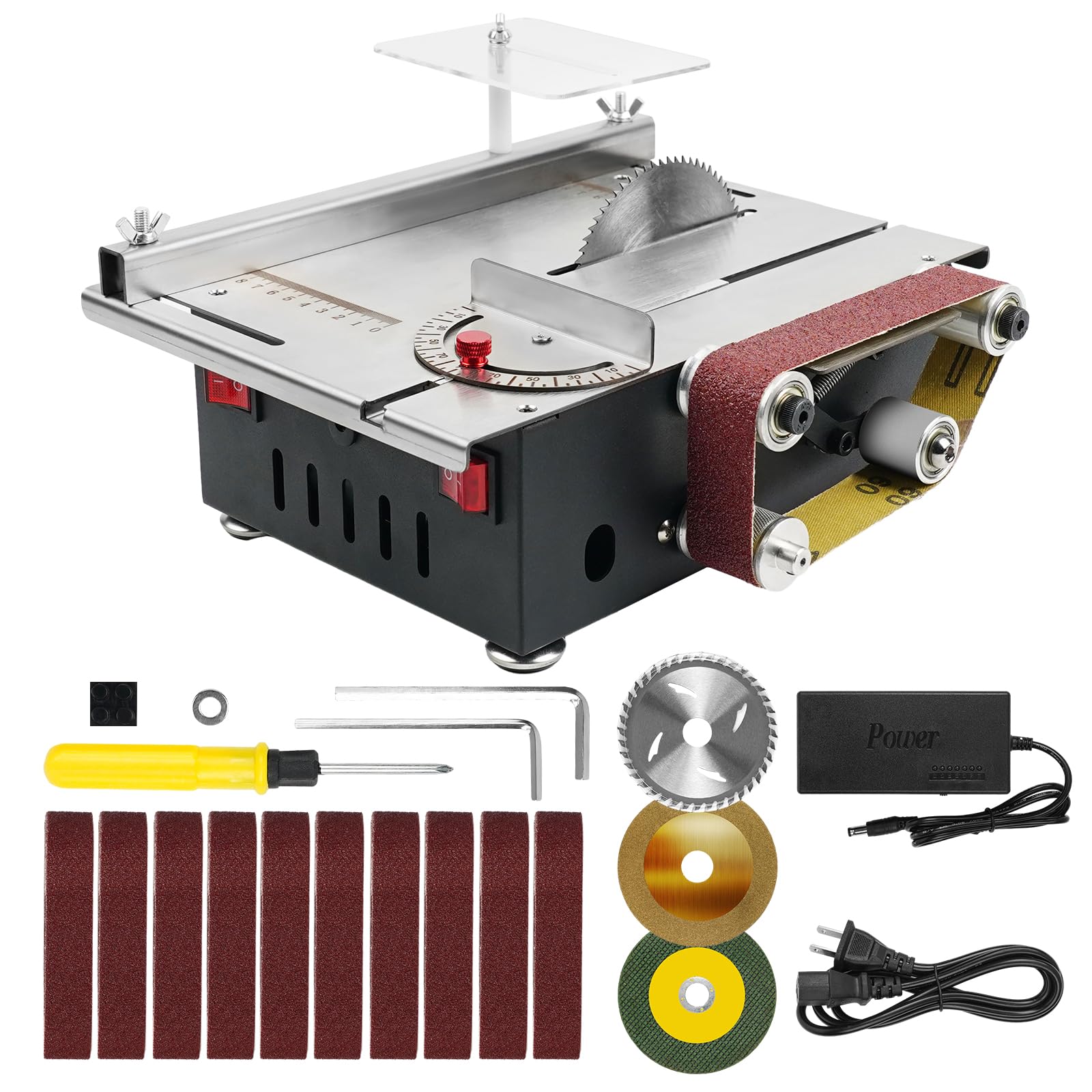 Photo 1 of Mini Table Saw, 1.2x16.5in Belt Sander With 10 Sanding Belts, 300W Dual Motor Control Multifunktional Belt Sander for Metal, Wood, Aluminum and Other Grinding and Cutting Tools