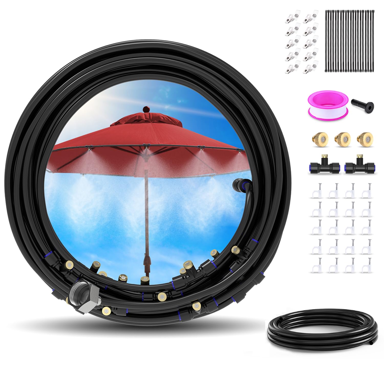 Photo 1 of Keten 72FT Misting Cooling System, 59FT(18m)+Extra 13FT(4m) Misting Line, Misters System for Outdoor Patio Garden Greenhouse Pasture with 18 T-Joints+18 Mist Nozzles+3/4” Brass Adapter