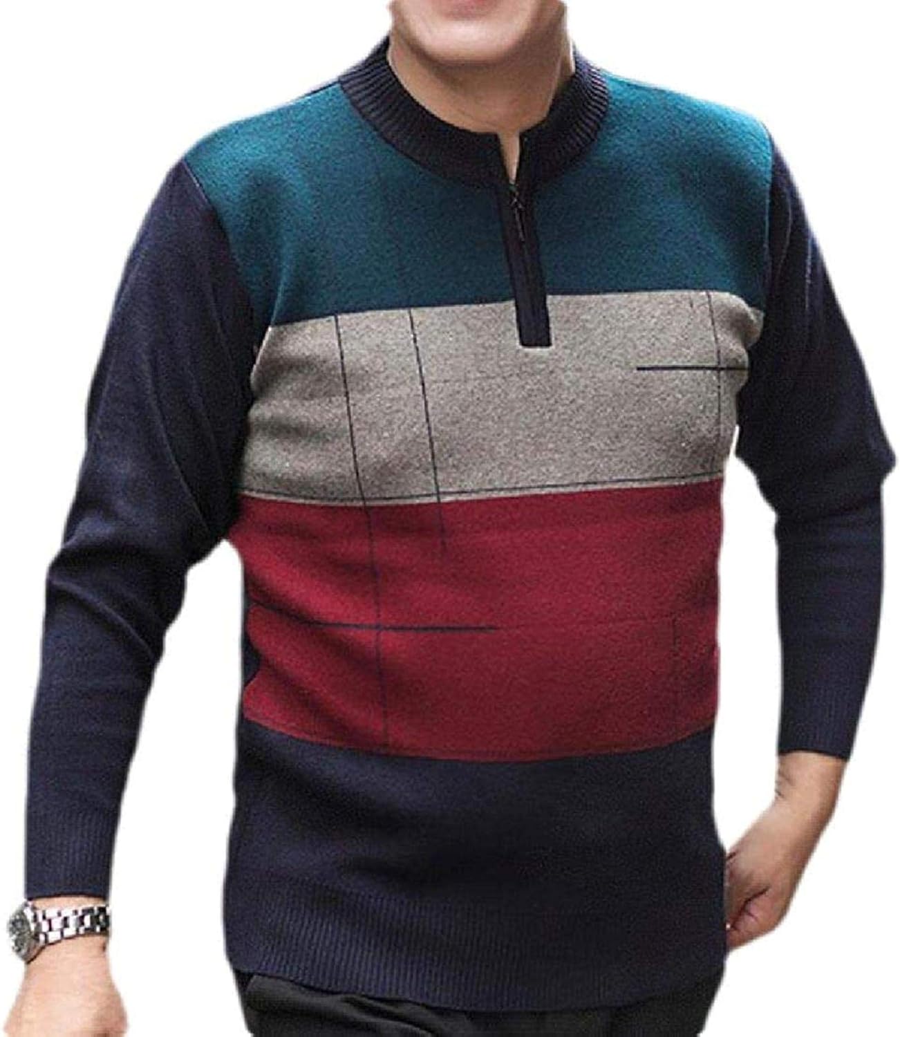 QNMGB Men Color Block Slim Fit Pullover 1/4 Zip Long Sleeve Sweater, Wine Red, X-Small at Amazon 