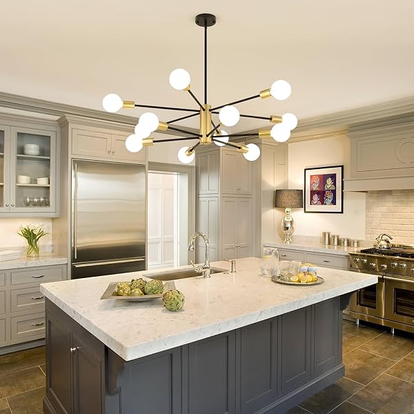 AMZASA SPUTNIK CHANDELIERS CEILING LIGHT FIXTURE, 12 LIGHTS MODERN FARMHOUSE CHANDELIER BLACK AND GOLD MID CENTURY PENDANT LIGHT FOR DINING ROOM, LIVING ROOM, KITCHEN ISLAND ENTRYWAY FOYER, UL LISTED