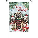 Santa Pug Merry Christmas Dog Red Bird Garden Flag 12x18 Inch Double Sided Vertical Decoration Yard Small Flag For Outside Holiday Seasonal Outdoor