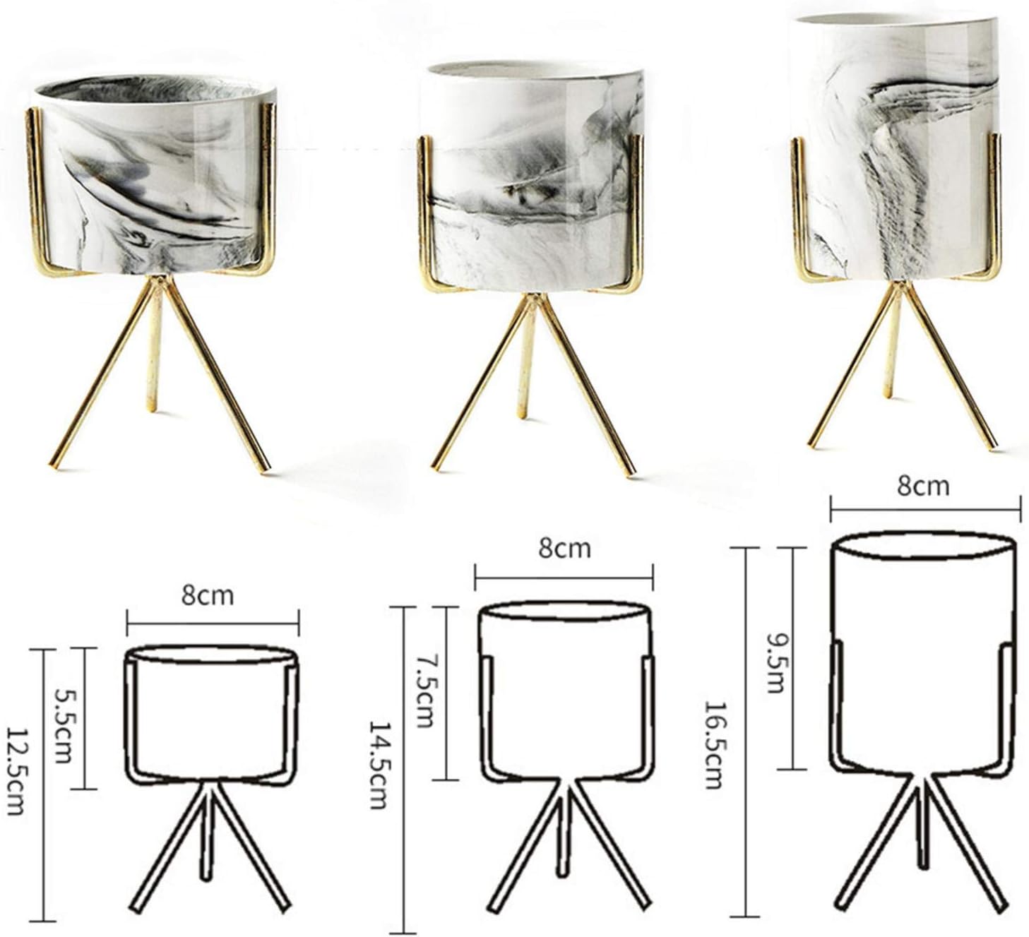 Topaty Ceramic Flower Pot Iron Shelf Marble Stone Succulent Plant Pot Cactus Pots Concrete Planters Modern Home Decor for Garden Decor (Gold , S , M ,L) (S : 3.152.16/4.92 inch)