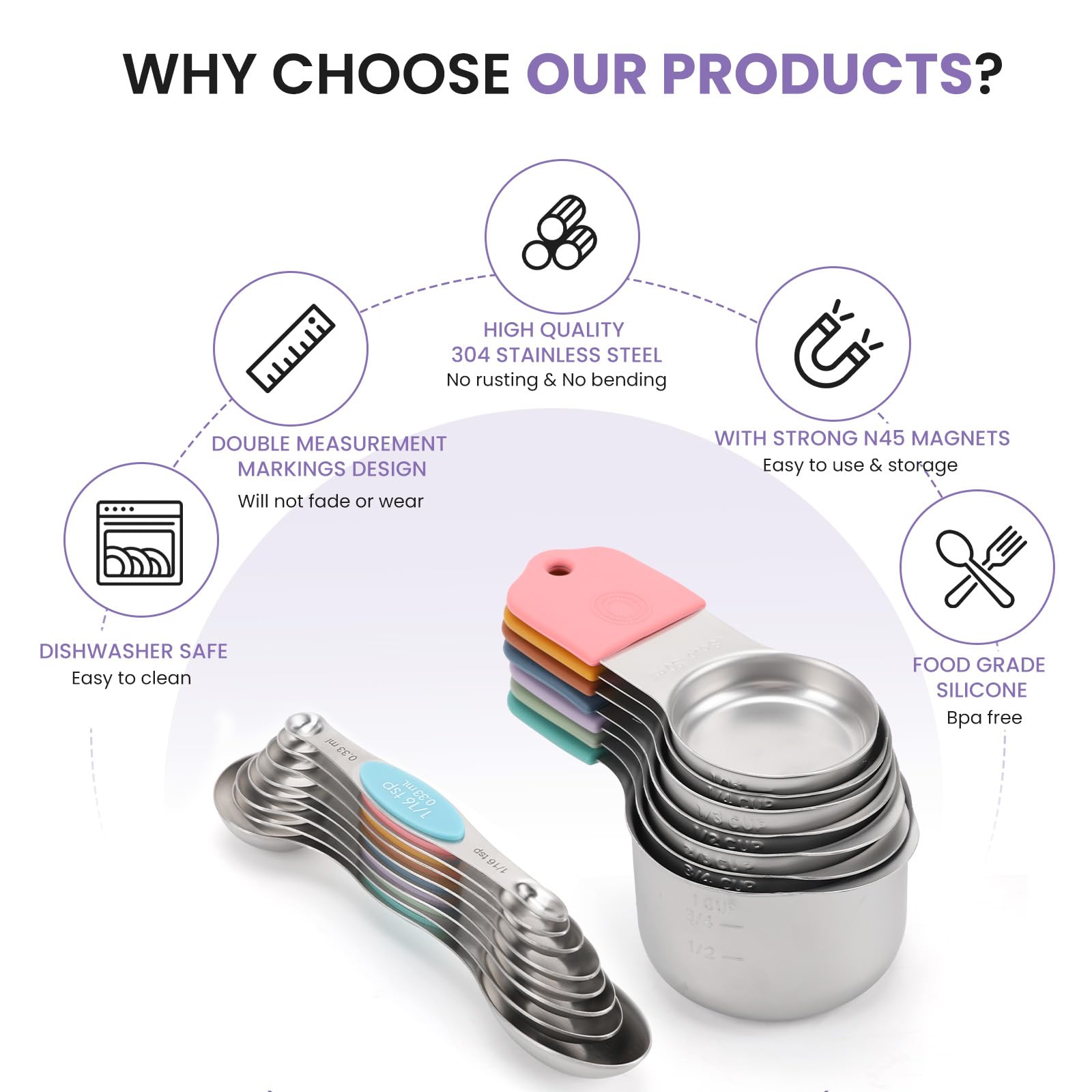 Magnetic Measuring Cups and Spoons Set-Heavy Duty 304 Stainless Steel，Double Measurement Markings，Set of 16 with Leveler for Measure Dry and Liquid Ingredients