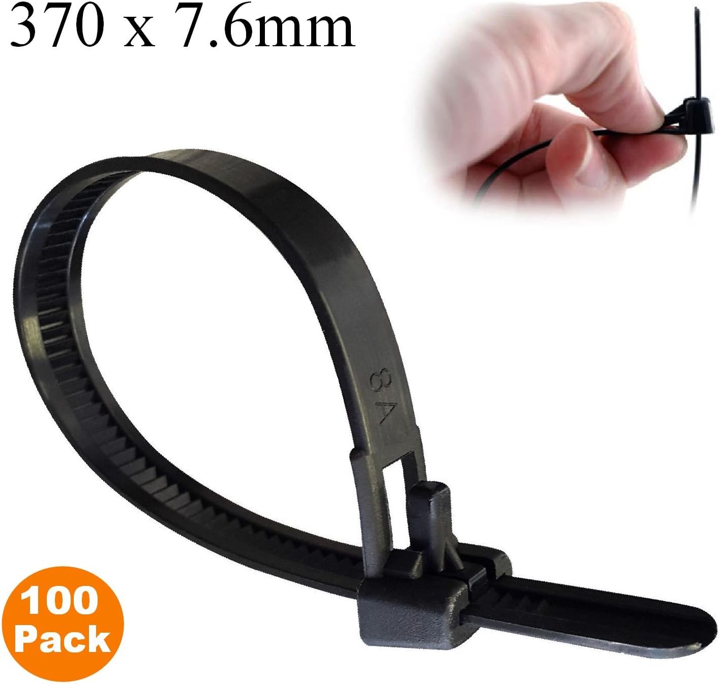 100 x Black Releasable Cable Ties 370mm x 7.6mm Reusable Wire Tidy Zip Wrap Straps