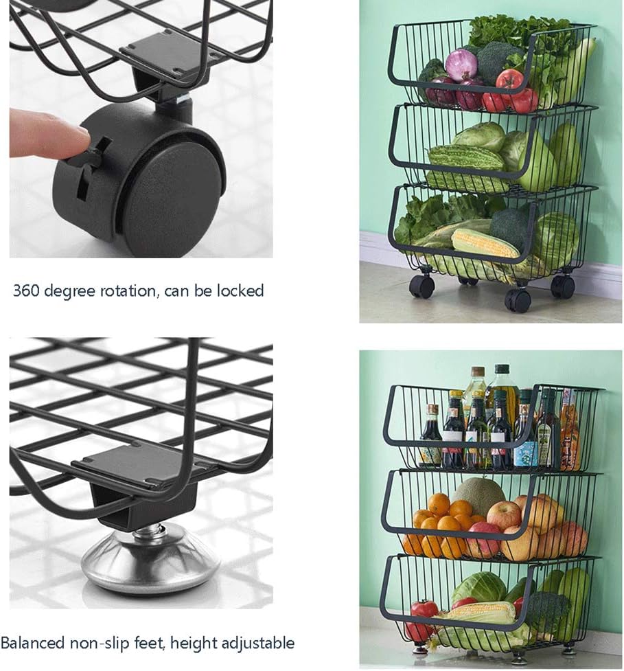 Metal Wire Basket With Wheels Metal Kitchen Storage Organizer Rack Stackable Fruit Vegetable Basket Floor Standing Utility Trolley Cart Shelf 4 Tier Racks Holders Home Kitchen Cate Org