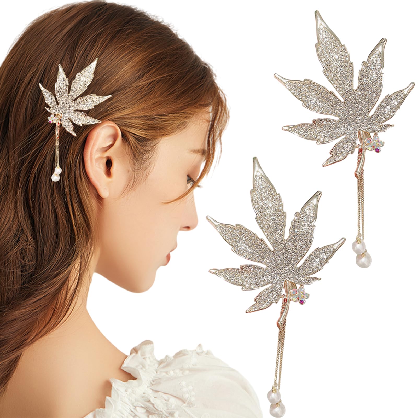 2 Pcs Silver Rhinestone Pearl Leaf Tassel, Vintage Crystal Claws Non-Slip Hair Clamps, Fancy Hair Claw Jaw Clips for Women Girls