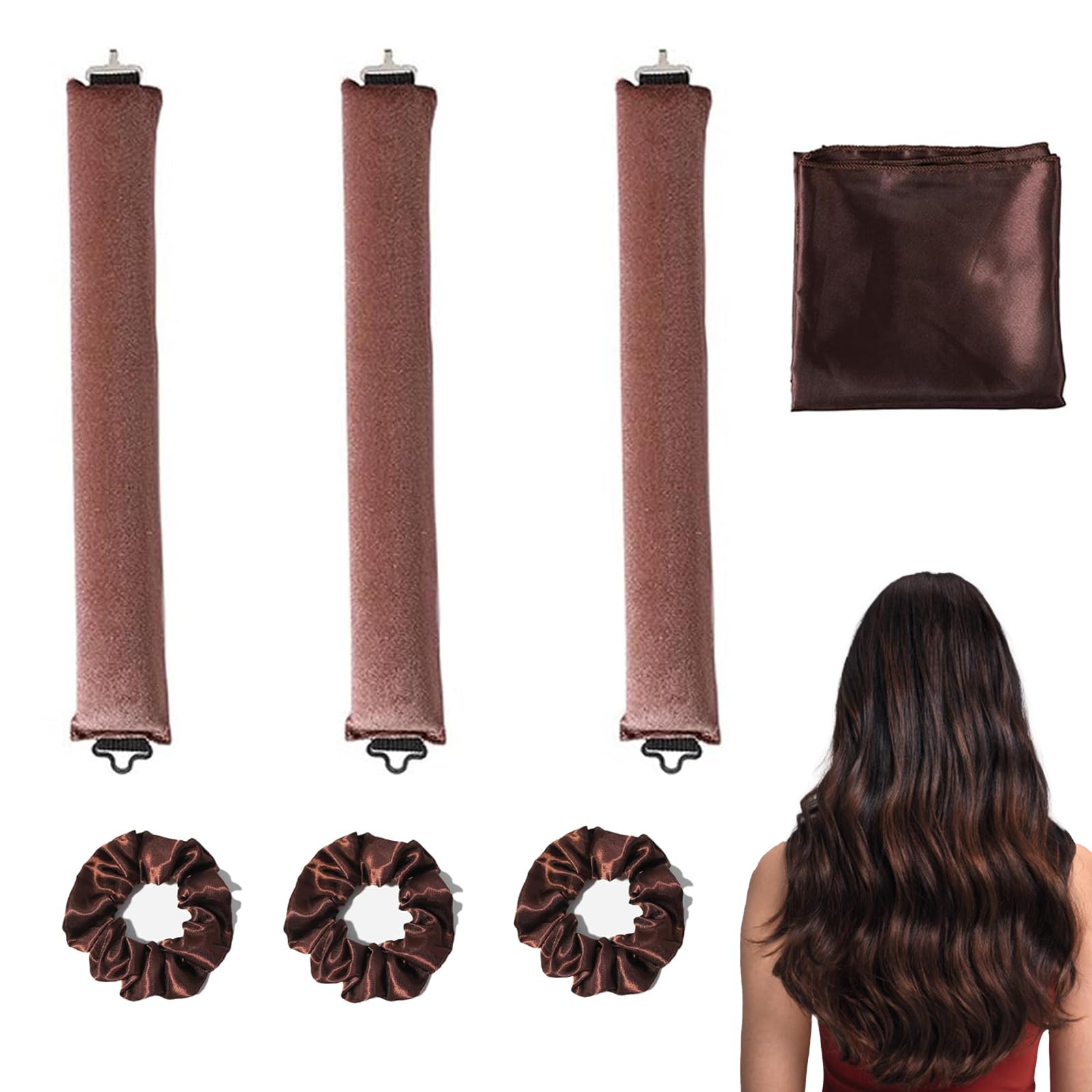 1 Set 7 Pcs Heatless Blowout Rods, 3 Pcs Heatless Curlers, 3 Pcs Solid Color Hair Loop And Scarves, No Heat Curler Roller, Suitable For All Hairtype DIY Hair Styling Overnight Blowout Rods (Brown)