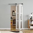 SOLRIG Bi-Fold Sliding Barn Door 30"（15" x2） x 84", 3 Lites Tempered Frosted Glass Panel with Sliding Hardware Kit Set, Pre-drilled Closet Door Slab, 2.83FT Track for 2 Doors, MDF, White