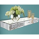 Mirrored Furniture Wall Shelf with Drawer, Crystal Diamond Floating Showcase, Silver Mirror Crushed Diamond Decorative Dressi