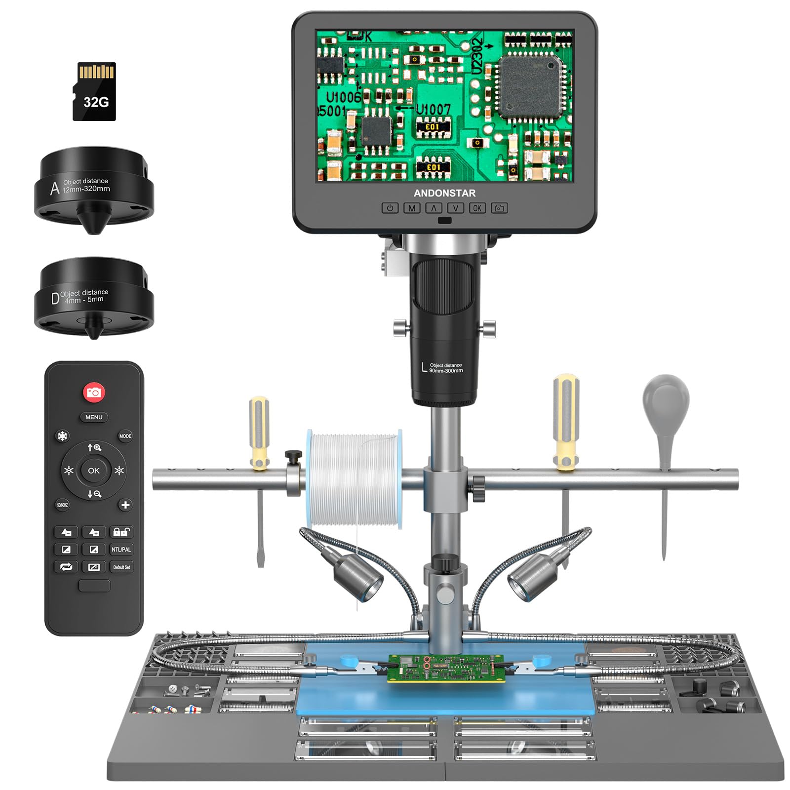 Photo 1 of Andonstar AD246S-M Plus 7'' HDMI Soldering Digital Microscope for Electronics Repair, 2000x 3 Lens 2160P UHD Video Record, Soldering Microscope Station with Helping Hands, Coin Full View 32GB Card