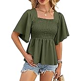 HEYTALALA Womens Summer Smocked Peplum Top Square Neck Ruffle Short Sleeve Blouse Loose Fit Babydoll Shirts 2025