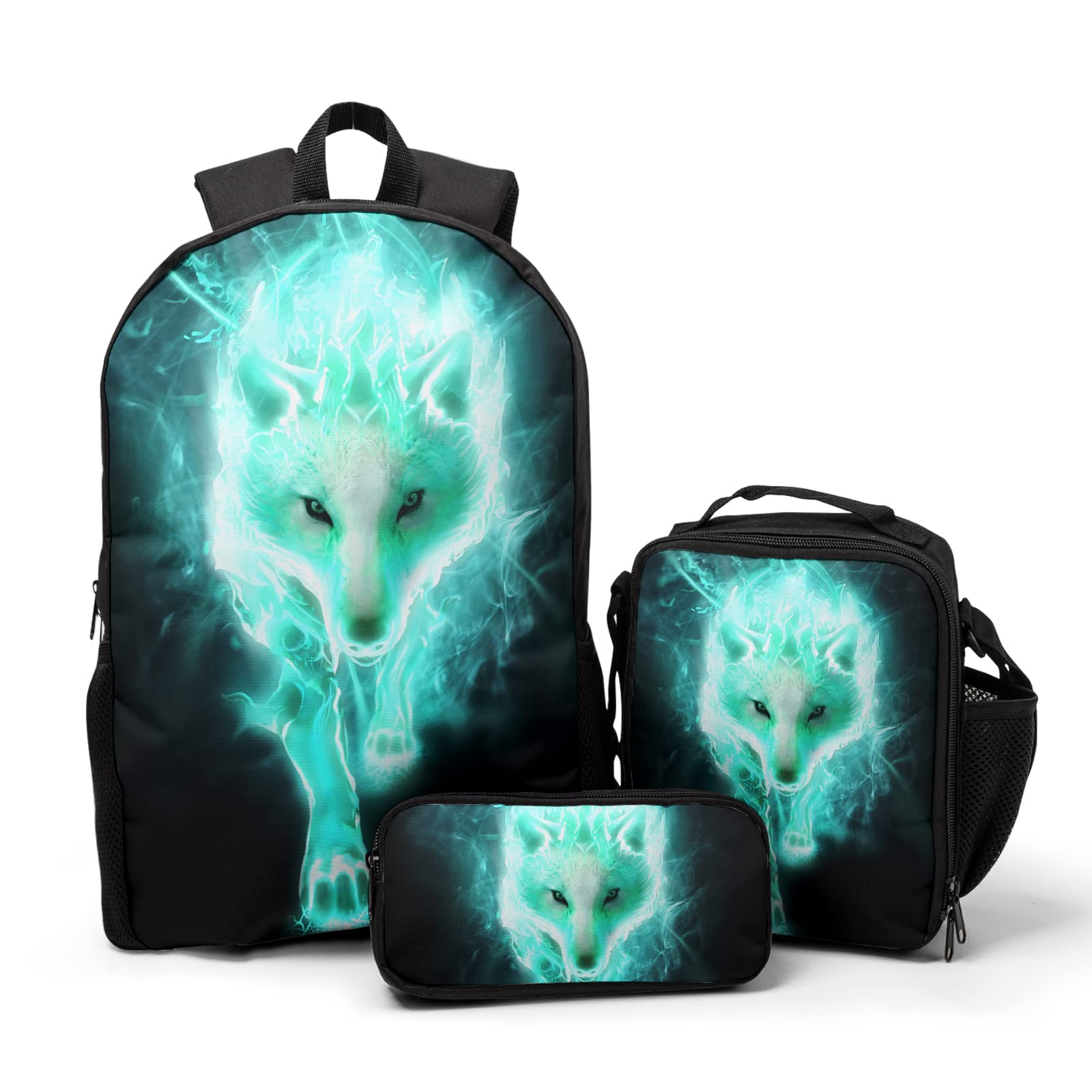 Photo 1 of *Missing Parts*
Giwawa Cyan Wolf Backpack 3-Piece Set, Cool Wilderness Animal Pattern Bookbag Lunch Bag Stationery Holder Case for School College Students Daily Essentials Camping Trips Outdoor Travel