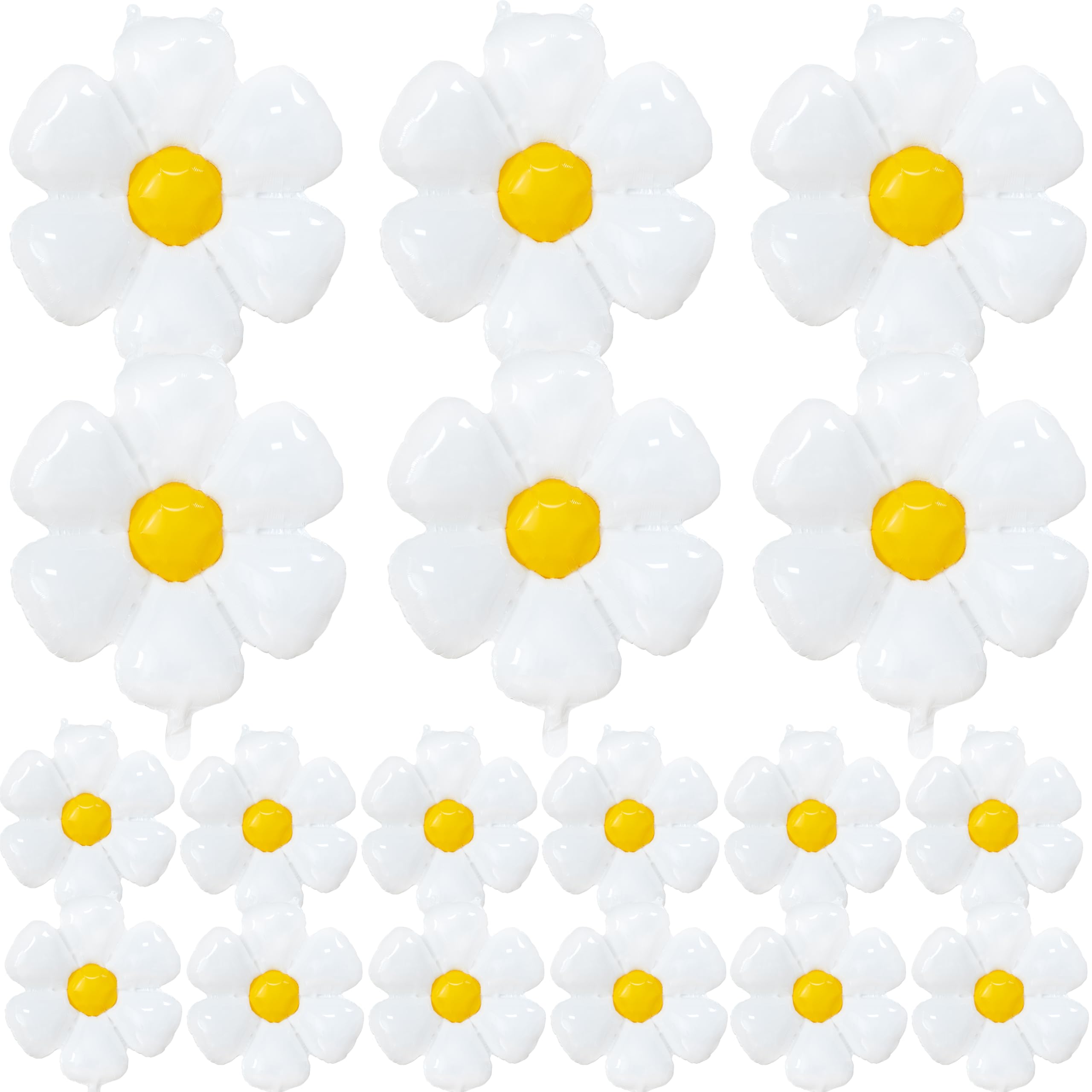 Photo 1 of BCCSNNM 18PCS Daisy Balloons,White Flower Balloons Aluminum Foil Boho Groovy Daisy Party Decorations for Birthday Baby Shower Wedding Party(Large*6,Small*12)