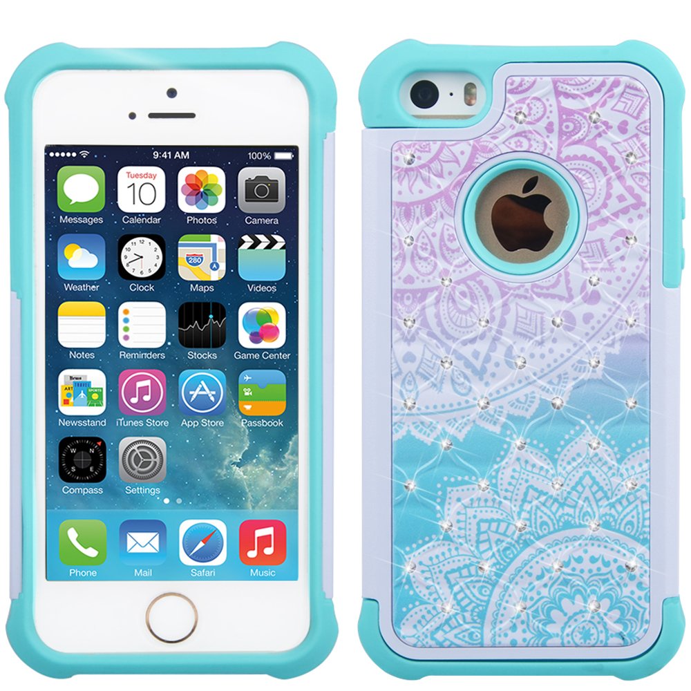 iPhone 5s Case, iPhone SE Case, UrSpeedtekLive [Shock Absorption] Dual Layer Hybrid Defender Protection Rhinestone Crystal Bling Cover Case for iPhone SE/5/5S - Mandala