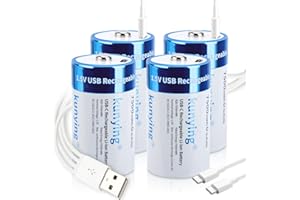 kunying 4 Pack Rechargeable D Batteries 1.5V 7500mAh Lithium, Long Lasting High Capacity D Cell Batteries with 4-in-1 Fast USB-C Charging Cable for Solar Lights, Floodlights, Toys & Emergency Devices