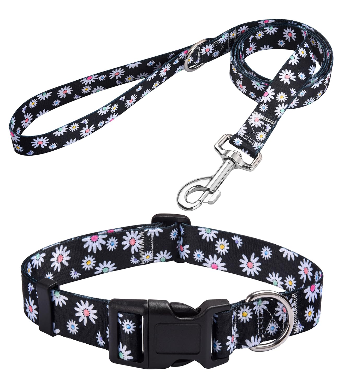 MarukoPet Dog Collar and Leash Set, Adjustable for Small Medium Large Dogs Puppy, Cute Design with Bohemia Floral Tribal Geometric Patterns Boys Girls Dog Collar(Black Daisy Set,M)