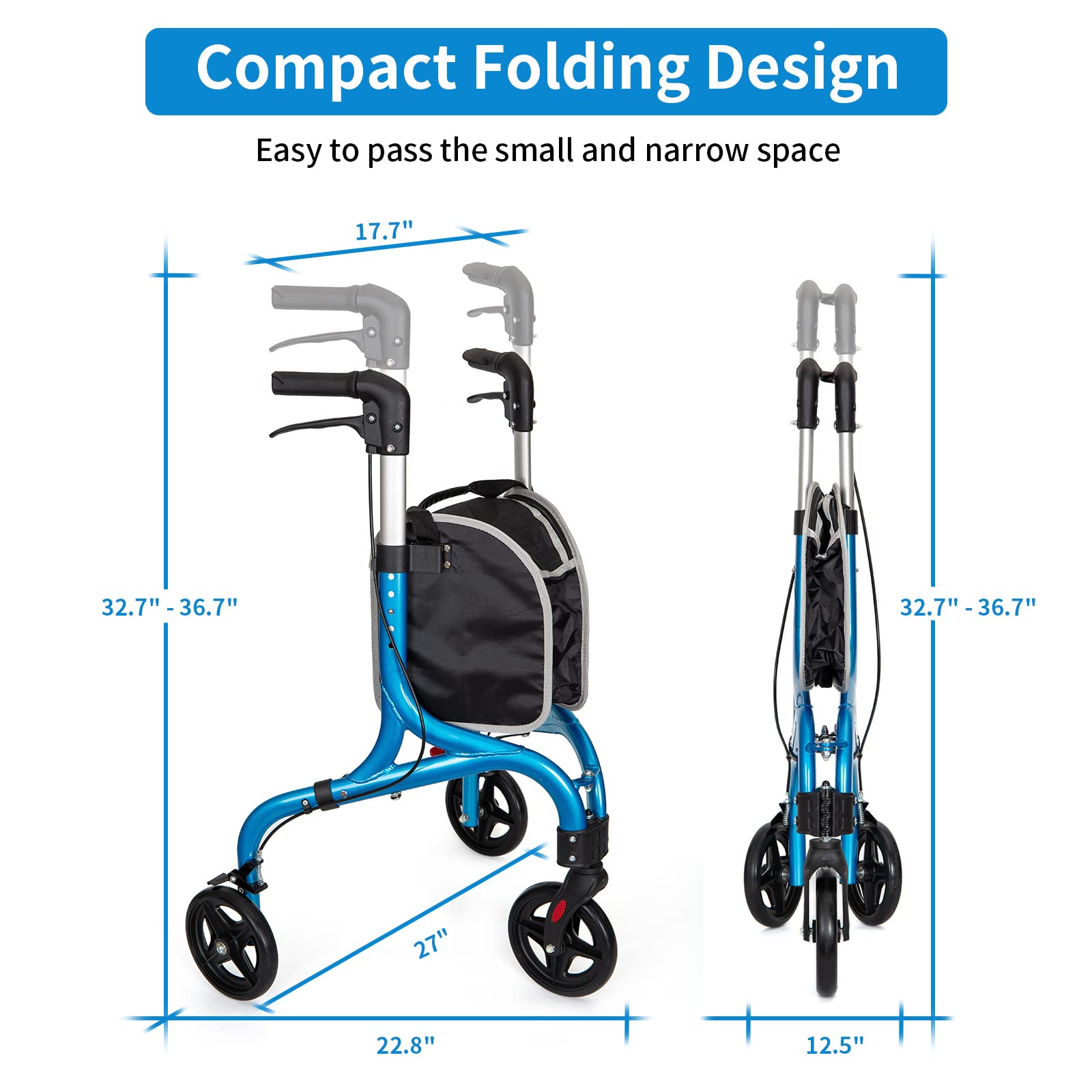 Planetwalk Premium 3 Wheel Rollator Walker for Seniors - Ultra Lightweight Foldable Walker for Elderly, Aluminum Three Wheel Mobility Aid, Brilliant Blue